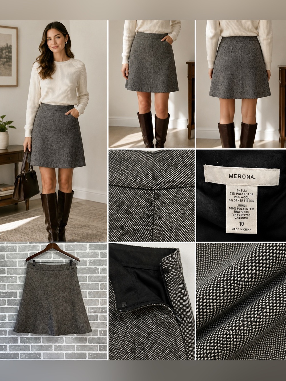 Merona Wool Blend A-Line Skirt Size 10 Gray Tweed Career Office Classic